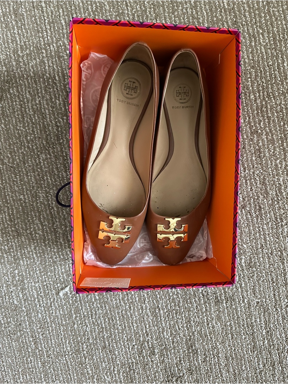 Tory Burch Brown Pointed Toe Leather Flats with Gold Logo